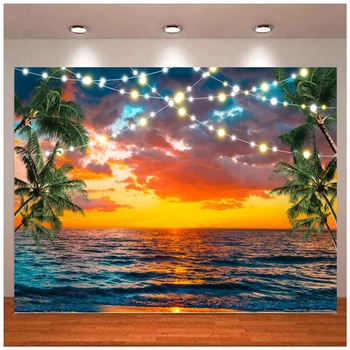 Фон летнего заката, фотостудия, баннер для отдыха на тропическом побережье, фон для вечеринки, плакат с пальмами на берегу моря.